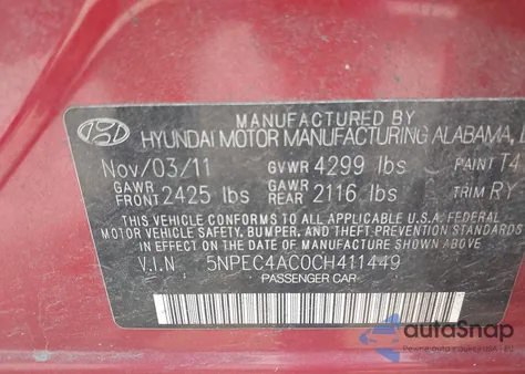 2012 Hyundai Sonata Se z USA, uszkodzony, nr VIN 5NPEC4AC0CH411449